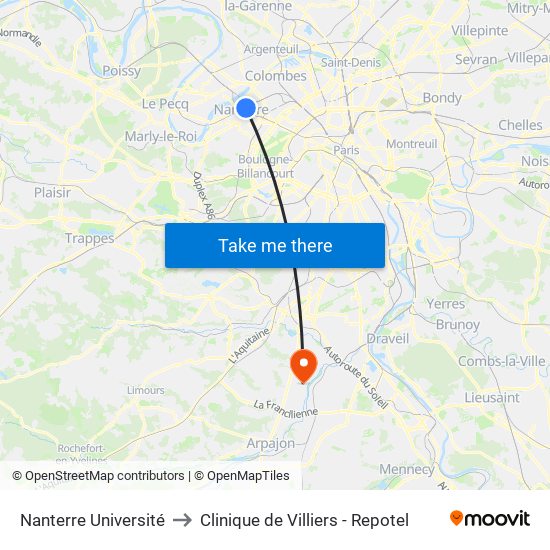 Nanterre Université to Clinique de Villiers - Repotel map