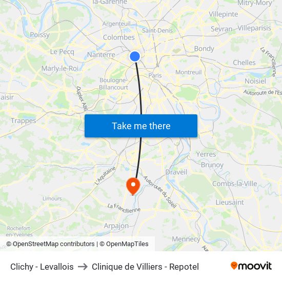 Clichy - Levallois to Clinique de Villiers - Repotel map