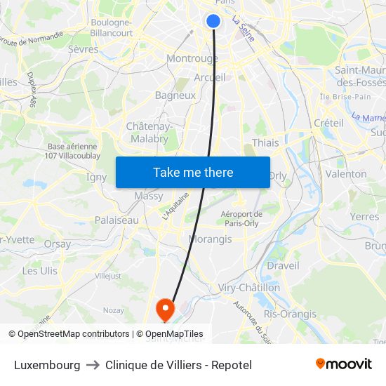 Luxembourg to Clinique de Villiers - Repotel map