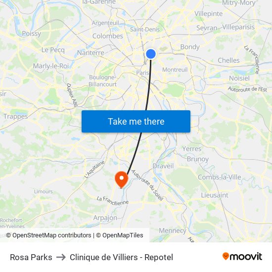 Rosa Parks to Clinique de Villiers - Repotel map