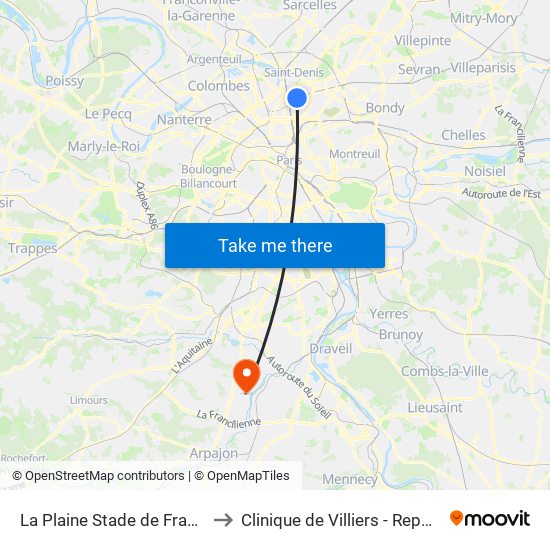 La Plaine Stade de France to Clinique de Villiers - Repotel map