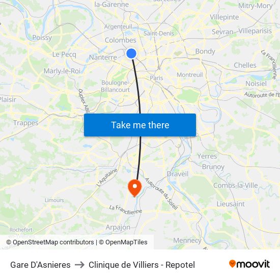 Gare D'Asnieres to Clinique de Villiers - Repotel map