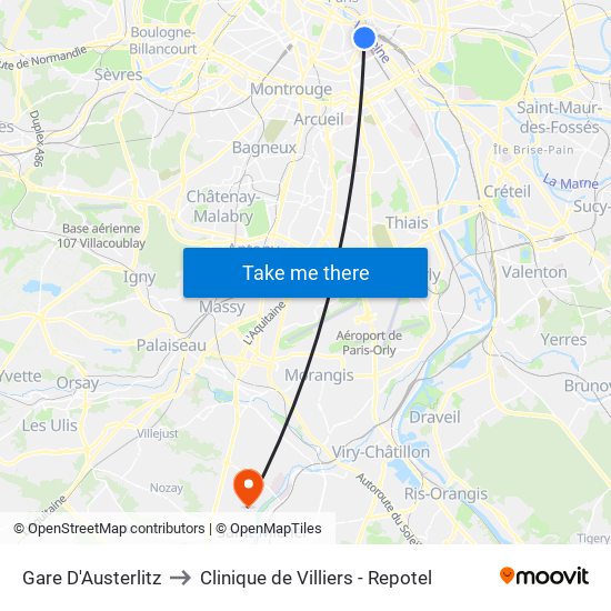 Gare D'Austerlitz to Clinique de Villiers - Repotel map