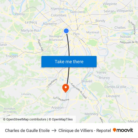 Charles de Gaulle Etoile to Clinique de Villiers - Repotel map