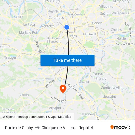 Porte de Clichy to Clinique de Villiers - Repotel map