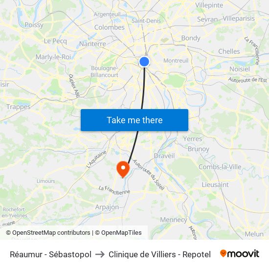 Réaumur - Sébastopol to Clinique de Villiers - Repotel map