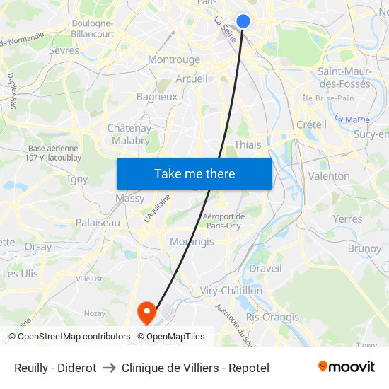 Reuilly - Diderot to Clinique de Villiers - Repotel map