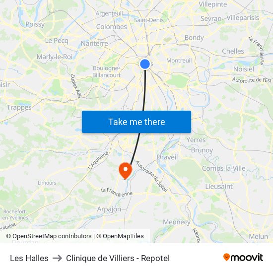 Les Halles to Clinique de Villiers - Repotel map