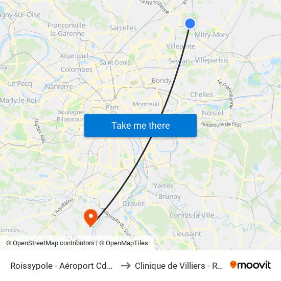 Roissypole - Aéroport Cdg1 (D3) to Clinique de Villiers - Repotel map