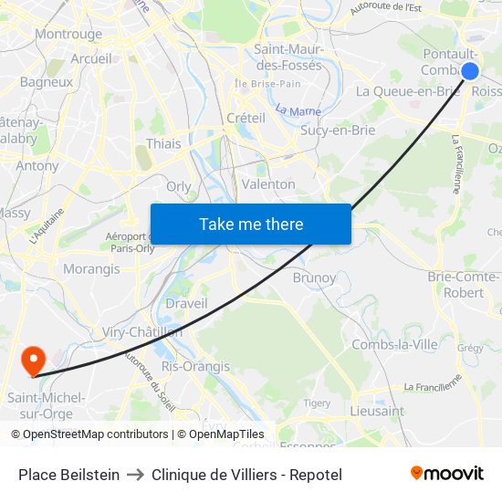 Place Beilstein to Clinique de Villiers - Repotel map