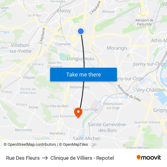 Rue Des Fleurs to Clinique de Villiers - Repotel map