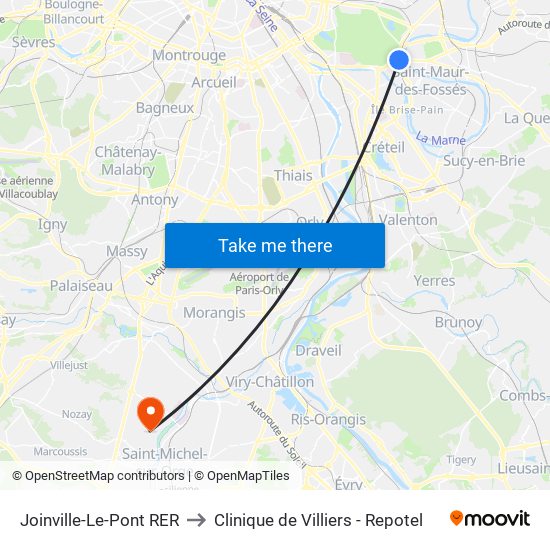 Joinville-Le-Pont RER to Clinique de Villiers - Repotel map