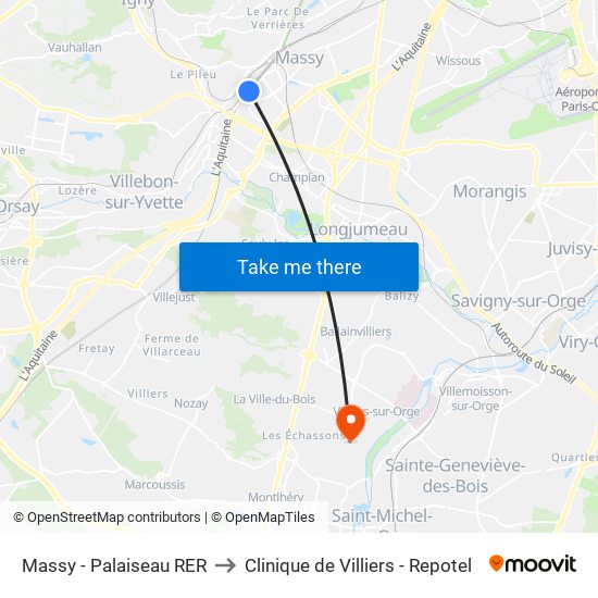 Massy - Palaiseau RER to Clinique de Villiers - Repotel map