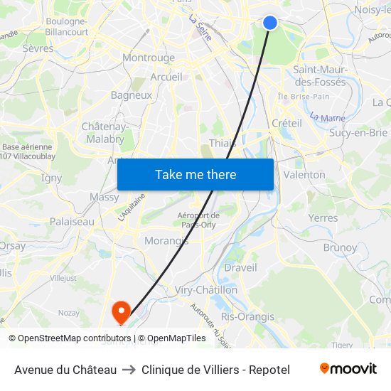 Avenue du Château to Clinique de Villiers - Repotel map