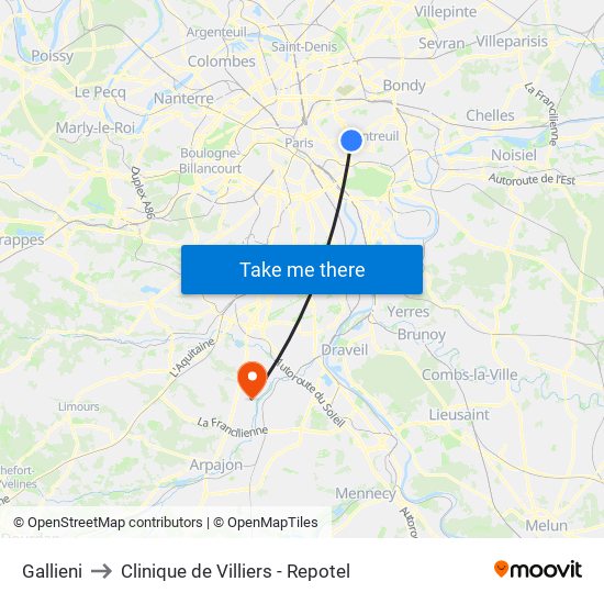 Gallieni to Clinique de Villiers - Repotel map