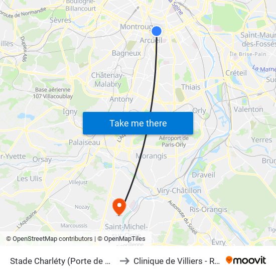 Stade Charléty (Porte de Gentilly) to Clinique de Villiers - Repotel map