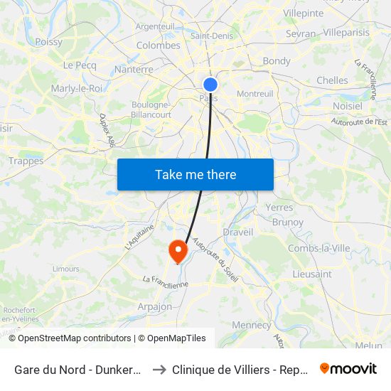 Gare du Nord - Dunkerque to Clinique de Villiers - Repotel map