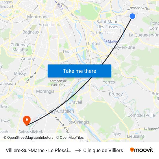 Villiers-Sur-Marne - Le Plessis-Trévise RER to Clinique de Villiers - Repotel map