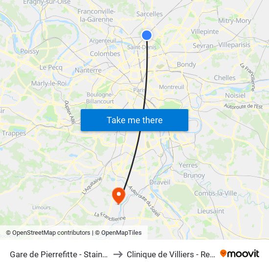 Gare de Pierrefitte - Stains RER to Clinique de Villiers - Repotel map