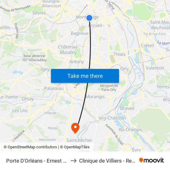 Porte D'Orléans - Ernest Reyer to Clinique de Villiers - Repotel map