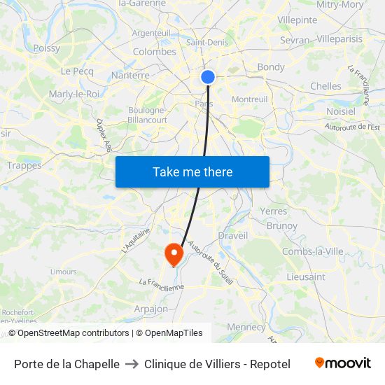 Porte de la Chapelle to Clinique de Villiers - Repotel map