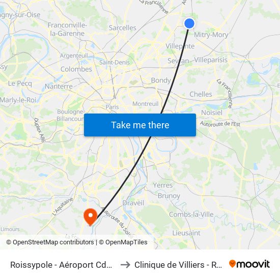 Roissypole - Aéroport Cdg1 (D1) to Clinique de Villiers - Repotel map