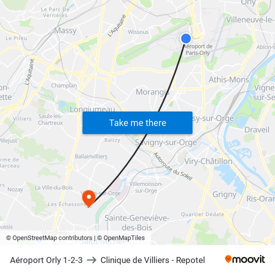 Aéroport Orly 1-2-3 to Clinique de Villiers - Repotel map