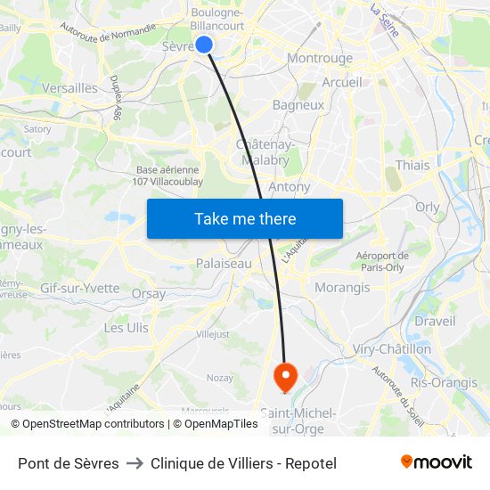 Pont de Sèvres to Clinique de Villiers - Repotel map