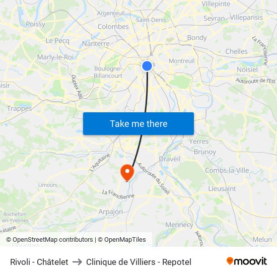 Rivoli - Châtelet to Clinique de Villiers - Repotel map