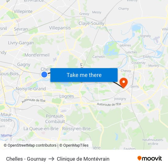 Chelles - Gournay to Clinique de Montévrain map
