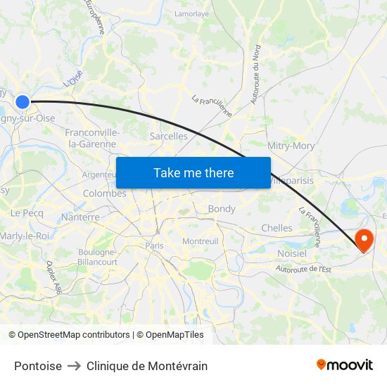Pontoise to Clinique de Montévrain map