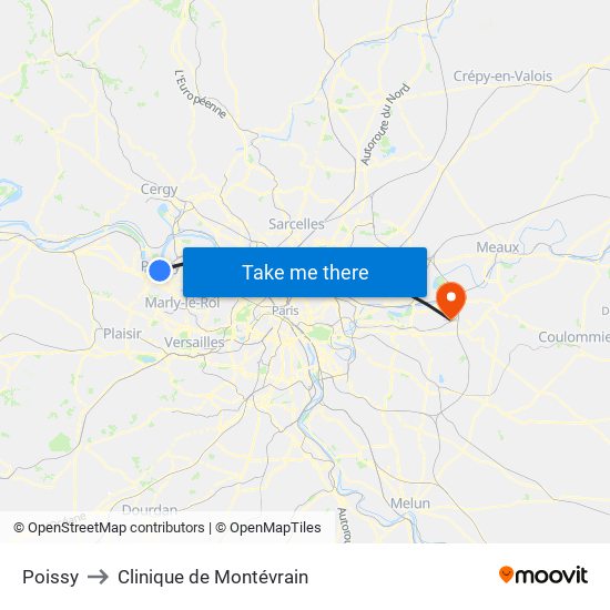 Poissy to Clinique de Montévrain map