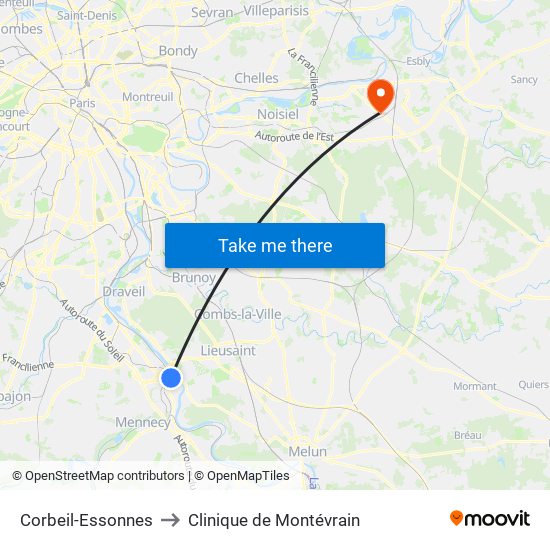 Corbeil-Essonnes to Clinique de Montévrain map