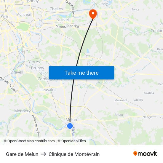 Gare de Melun to Clinique de Montévrain map