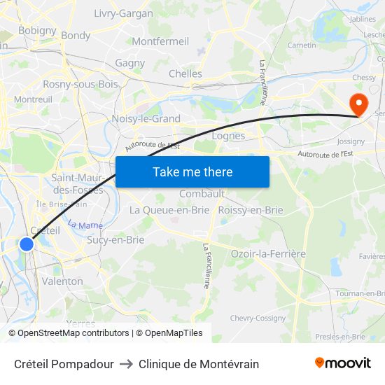 Créteil Pompadour to Clinique de Montévrain map