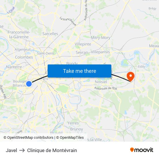Javel to Clinique de Montévrain map