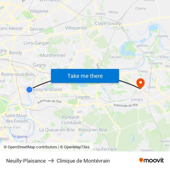 Neuilly-Plaisance to Clinique de Montévrain map