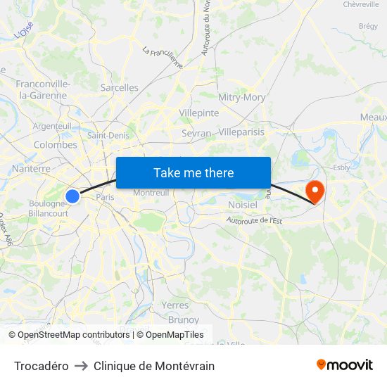 Trocadéro to Clinique de Montévrain map