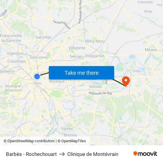 Barbès - Rochechouart to Clinique de Montévrain map