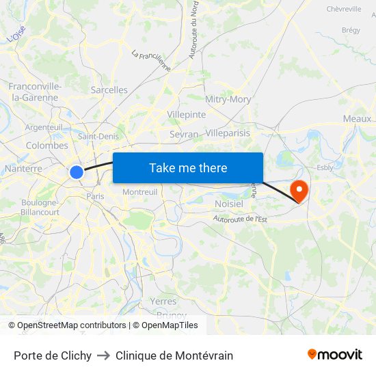 Porte de Clichy to Clinique de Montévrain map
