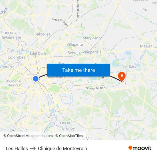 Les Halles to Clinique de Montévrain map