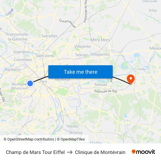 Champ de Mars Tour Eiffel to Clinique de Montévrain map