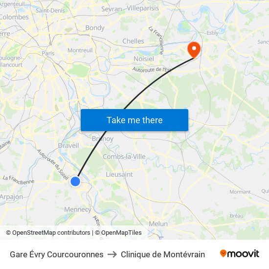 Gare Évry Courcouronnes to Clinique de Montévrain map