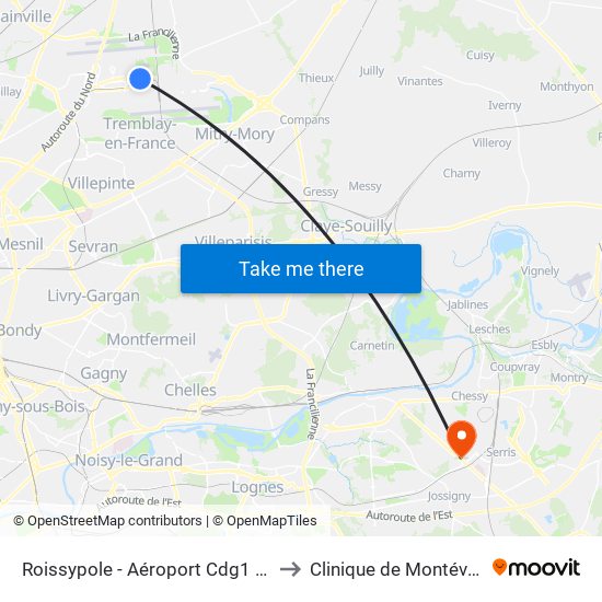 Roissypole - Aéroport Cdg1 (D3) to Clinique de Montévrain map