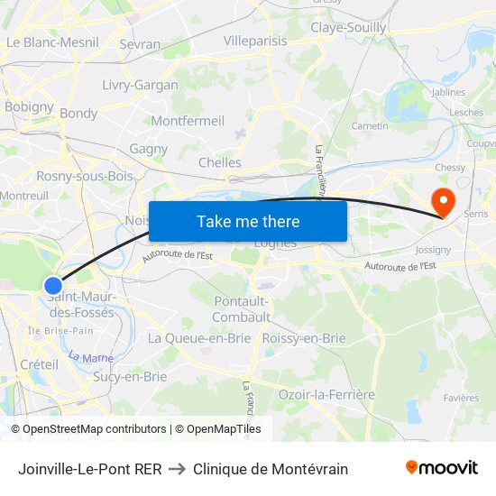 Joinville-Le-Pont RER to Clinique de Montévrain map