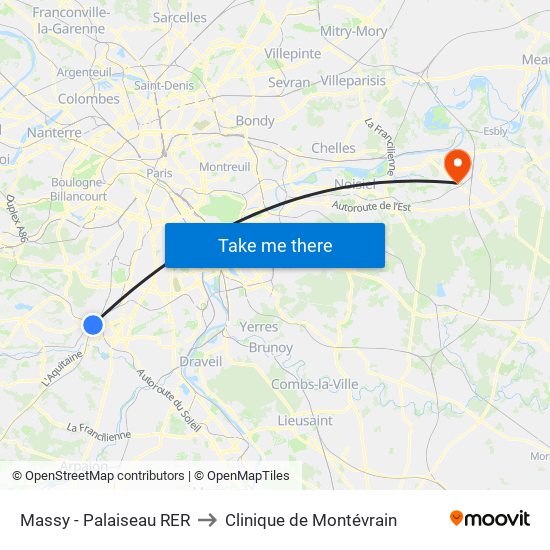 Massy - Palaiseau RER to Clinique de Montévrain map