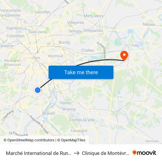 Marché International de Rungis to Clinique de Montévrain map