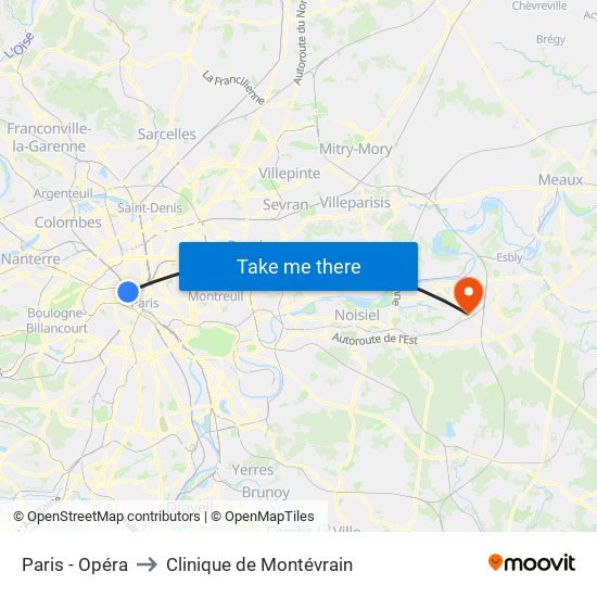 Paris - Opéra to Clinique de Montévrain map