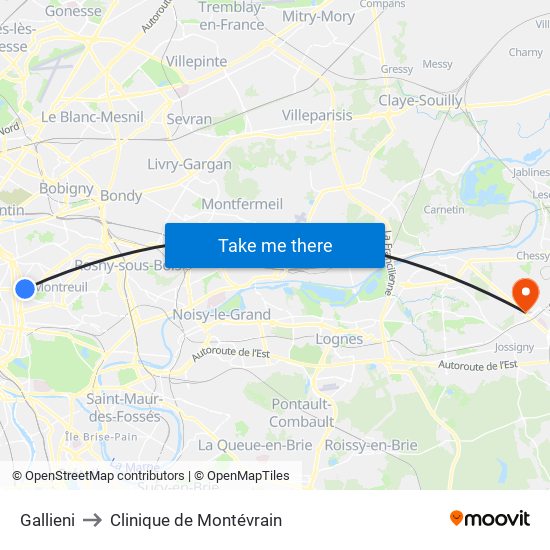 Gallieni to Clinique de Montévrain map