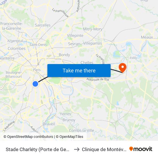 Stade Charléty (Porte de Gentilly) to Clinique de Montévrain map